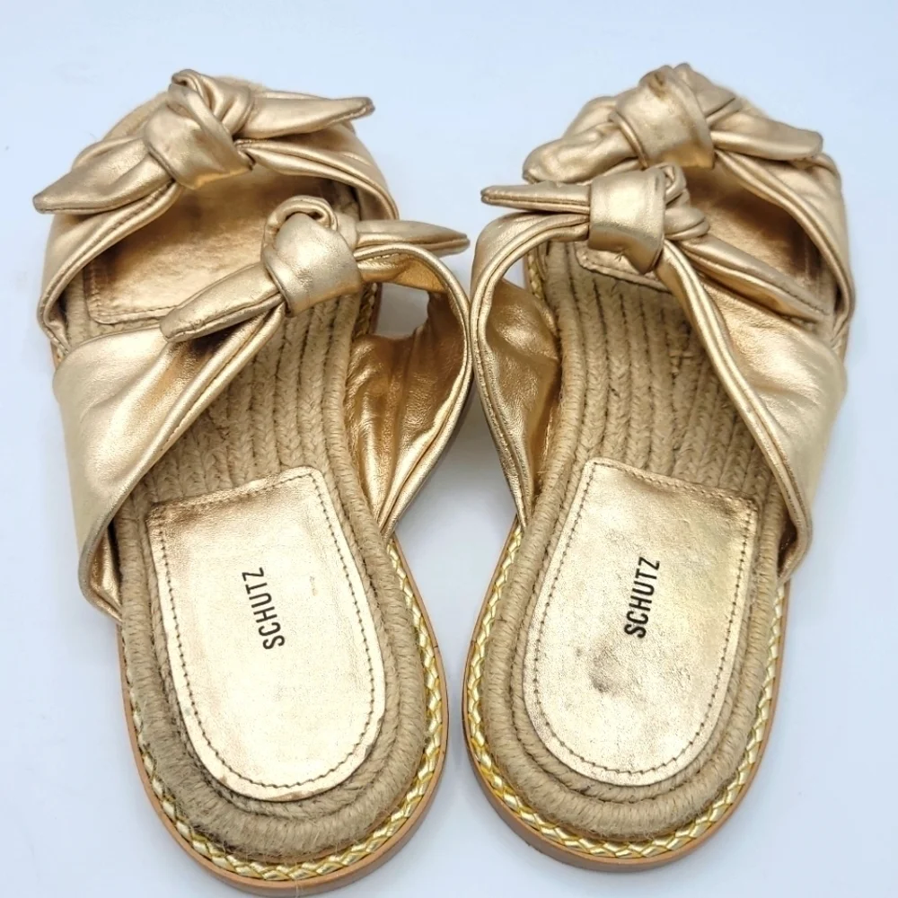 SCHUTZ Metallic Espadrille Slide Sandals Soft Gold Size 37.